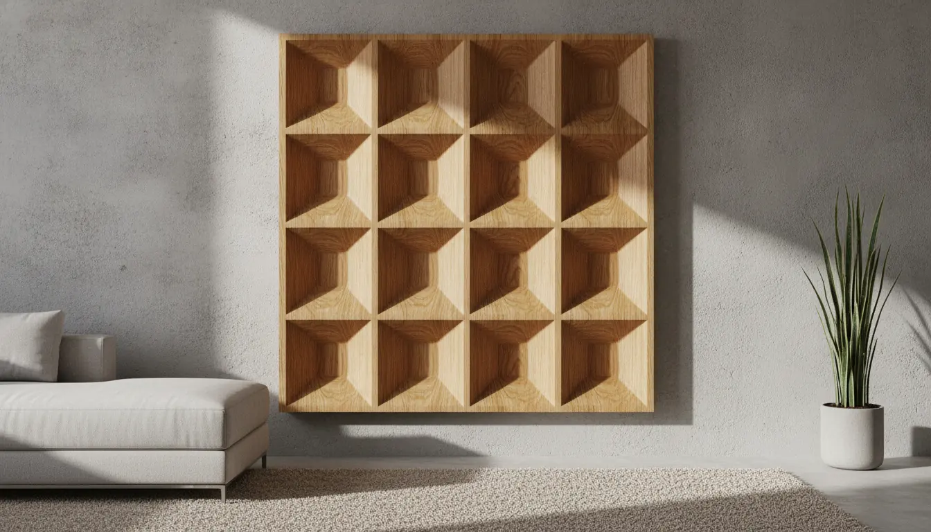 Hoelzerner Akustikdiffusor mit unterschiedlich tiefen Kammern an einer Wand