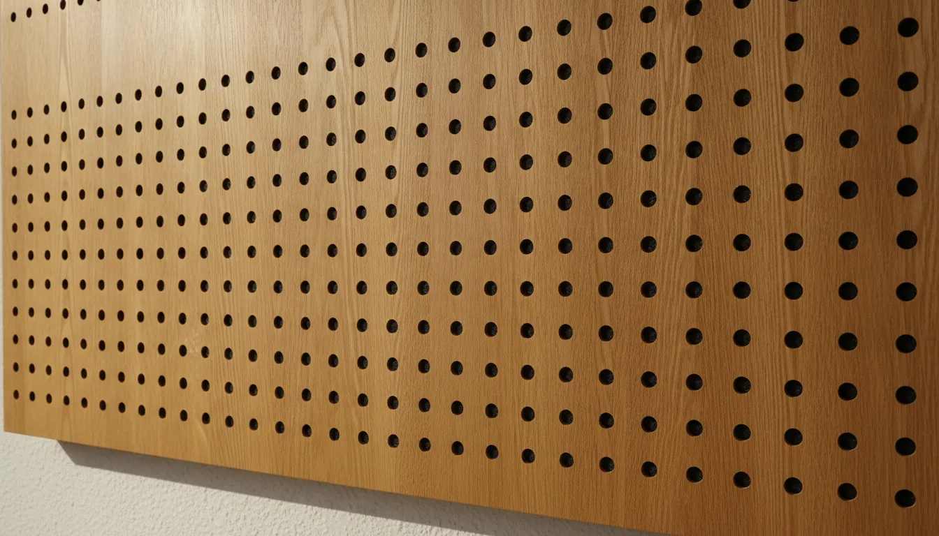 Perforierte Holzakustikplatte als Helmholtz-Resonator mit sichtbarem Vlies